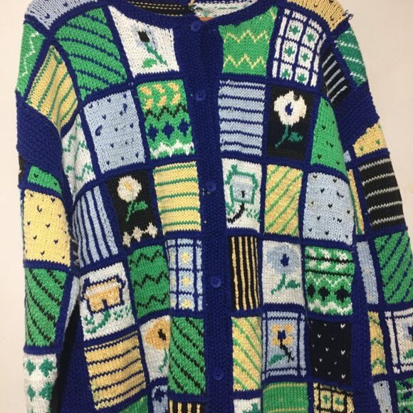 VINTAGE HAND KNITTED QUILTED CARDIGAN SWEATERS SIZE XL - Picture 6 of 6